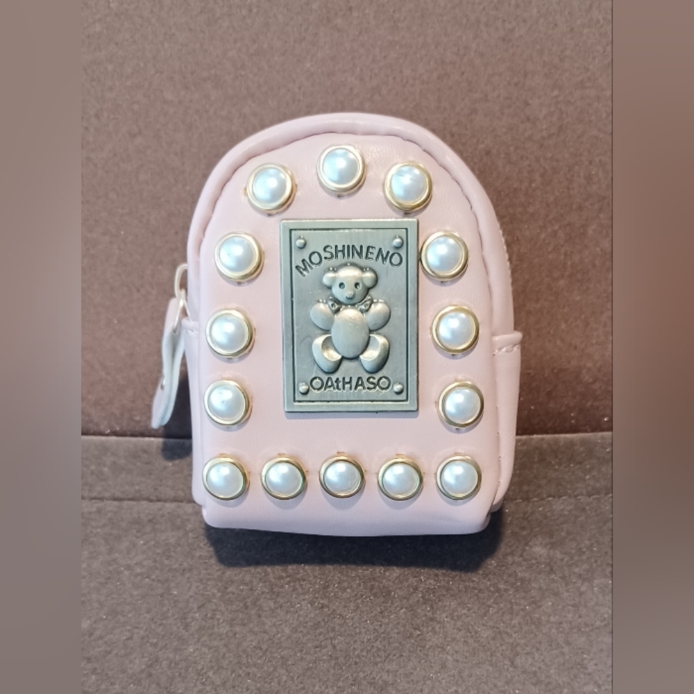 NWT Light Pink Bear Pearl Print Novelty Mini Backpack Coin Purse Pouch Keychain